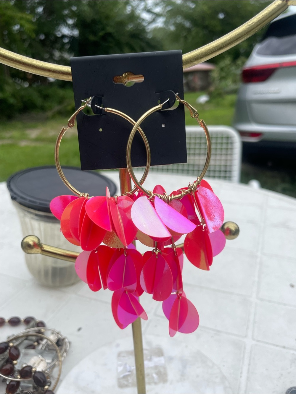 Gold Hoop Earrings with Pink Sequin Drops